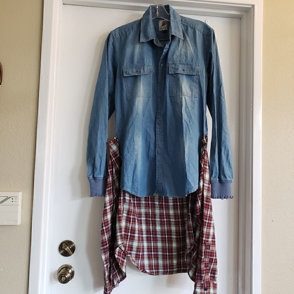 PRSVR denim and flannel combo shirt